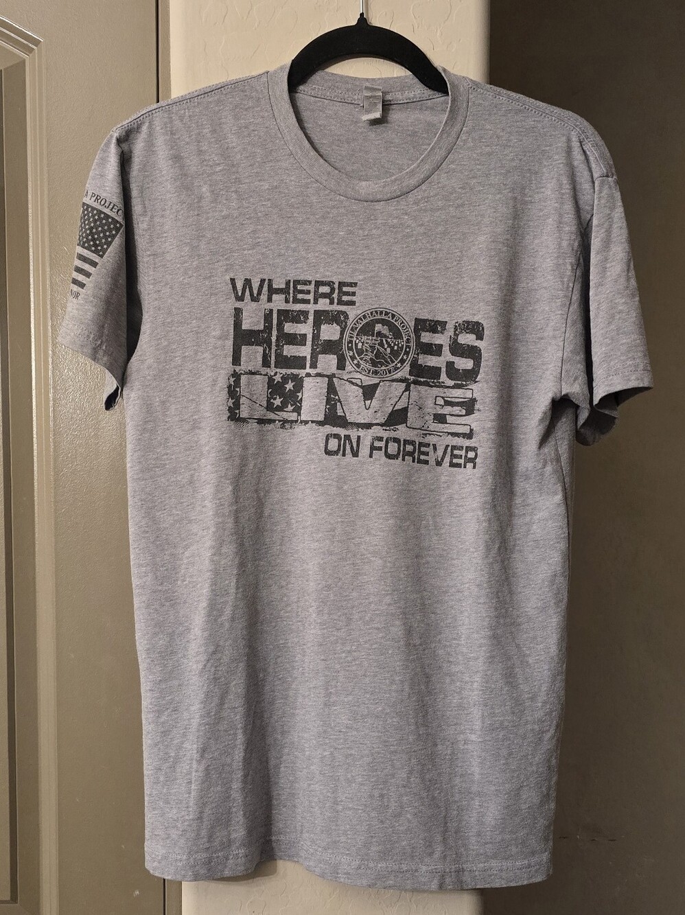 Next Level Apparel Gray "Where Heroes Live On Forever" Graphic Tee, Men's Small